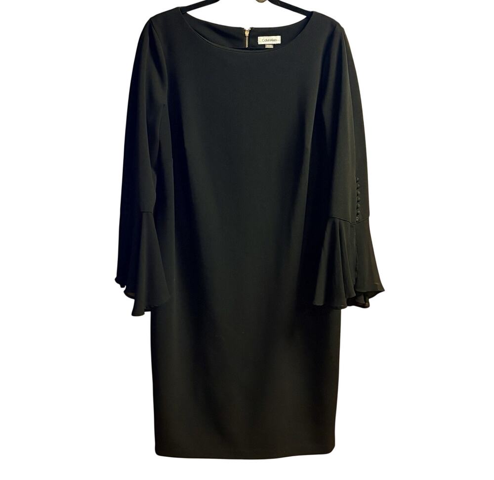 Calvin Klein Dress Womens Size 14 Black Bell Sleeve w/ Button Full Zip SEE DESCR